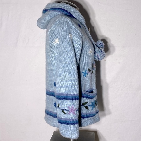 Kyber Blue Knit Full Zip Lined Wool Snowflake Flower Hoodie Sweater S - Picture 5 of 15